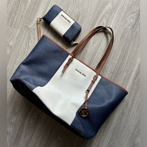 Michael Kors tote and matching wallet. Dark blue and white.